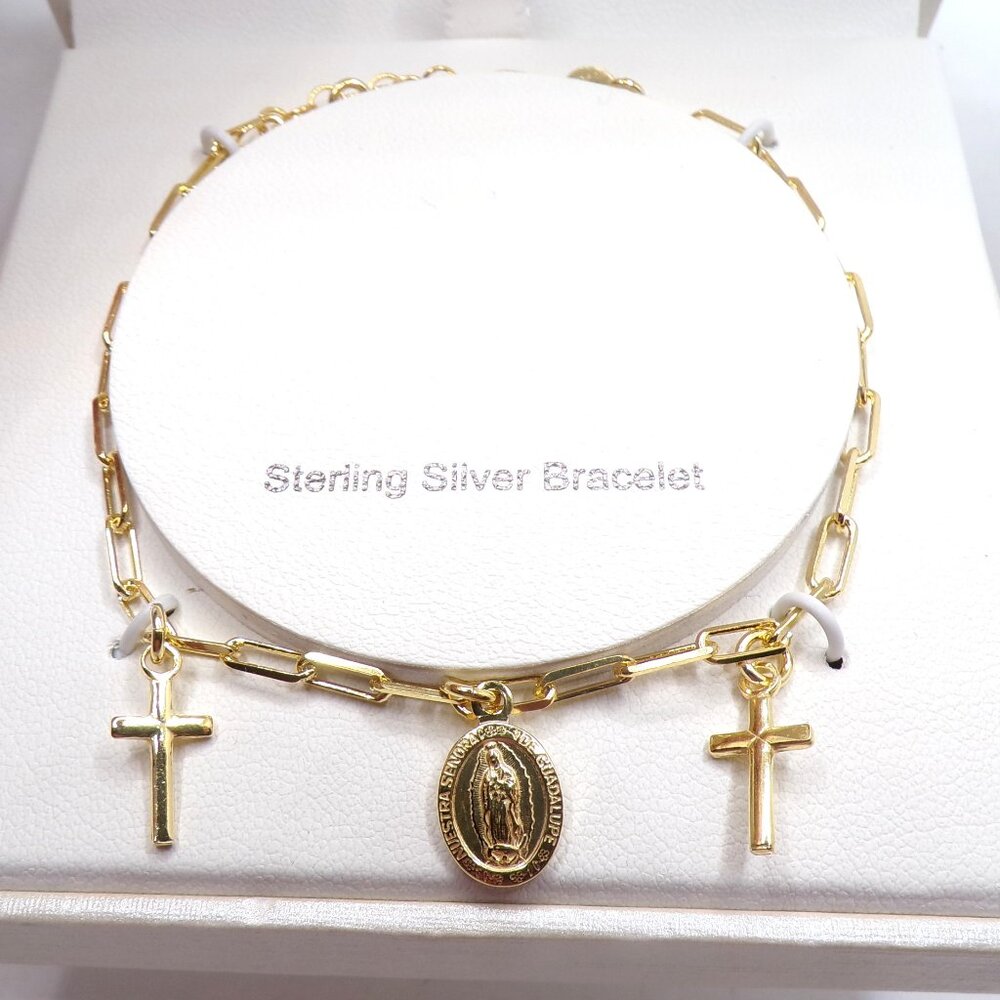 Sterling Silver Paper Clip Religious Charm Bracelet Gold Finish Adjustable
